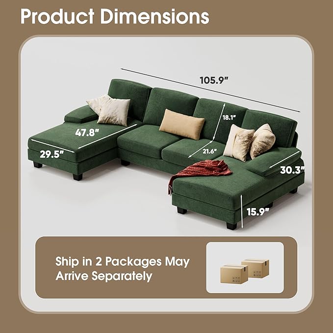 Furmax Sectional Couches for Living Room U-Shaped Sofa Couch with Linen Fabric 4 Seat Sofa Set with Double Chaise for Apartment (Fabric Green)