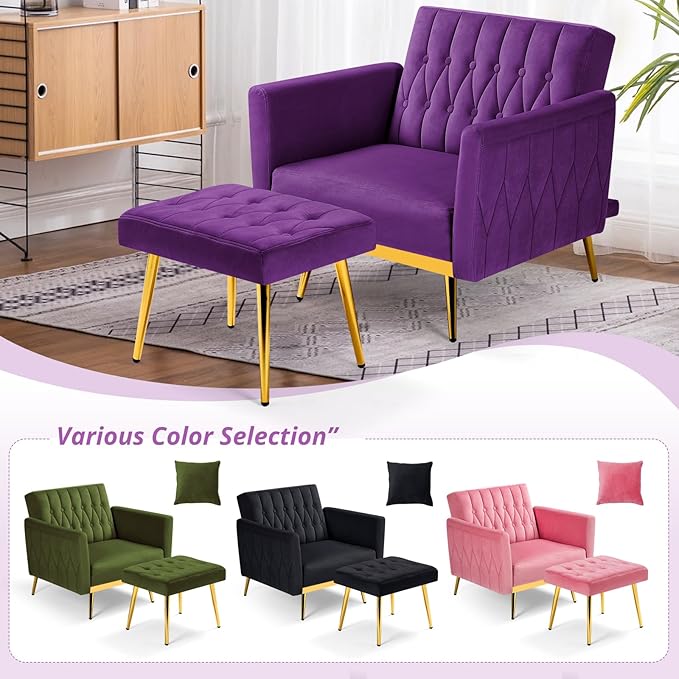 Velvet Accent Chair with Adjustable Armrests and Backrest Button Tufted Lounge Chair Single Recliner Armchair with Ottoman and Pillow for Living Room Bedroom Purpel