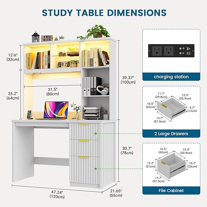 Standing Desk with LED Light for Office Room Smart Computer Desk with Hutch and Drawer for Game RoomModern Study Table with 2AC Port Charging Station/Lamp/for Bedroom (White)