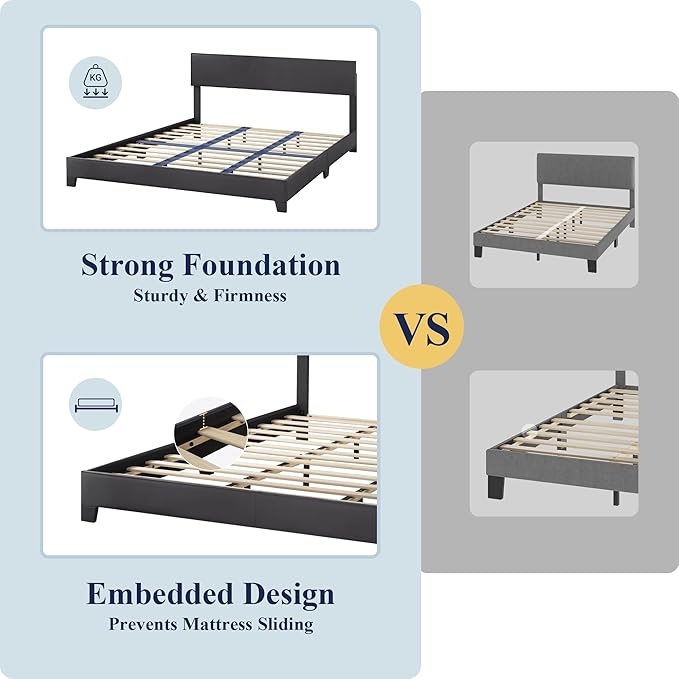 Allewie King Size Bed Frame with Adjustable Headboard Faux Leather Platform Bed with Wood Slats Heavy Duty Mattress Foundation No Box Spring Needed Noise-Free Easy Assembly Black