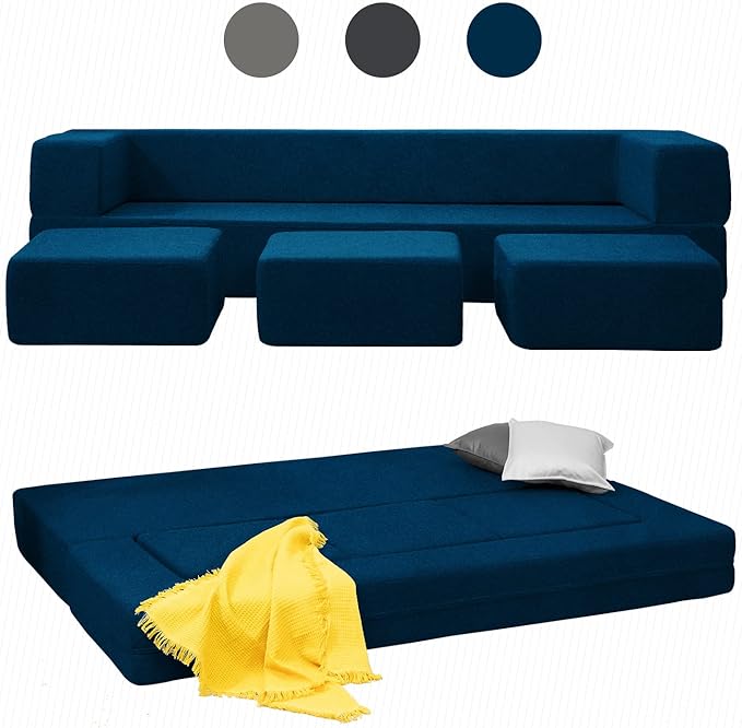 Mjkone Queen Convertible Velvet Futon Sofa Bed with 3 Ottomans Memory Foam Fold Out Couch Bed Foldable Floor Sofa Guest Sleeper for Living Room Blue