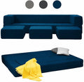 Mjkone Queen Convertible Velvet Futon Sofa Bed with 3 Ottomans Memory Foam Fold Out Couch Bed Foldable Floor Sofa Guest Sleeper for Living Room Blue