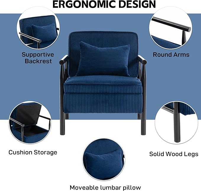 Accent Chair Comfy Modern Mid-Century Accent Chairs with Storage Corduroy Upholstered Lounge Armchair with Solid Wood Reading Side Single Sofa for Living Room/Office/Balcony/Bedroom-Blue