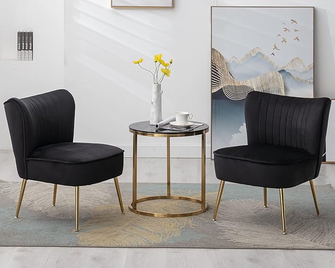 KCC Modern Velvet Upholstered Accent Chair Set of 2Mid Century Living Room Chairs with Golden LegsComfy Armless Chair Wingback Single Sofa Side Chair for BedroomBlack