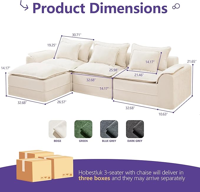 Hobestluk 120 Cloud Modular Sectional Couch 3-Seater Sofa with Ottoman L Shaped Sofa with Removable Cover Large Sofa Couch for Living Room (Beige 3-Seater Sofa with One Ottoman)
