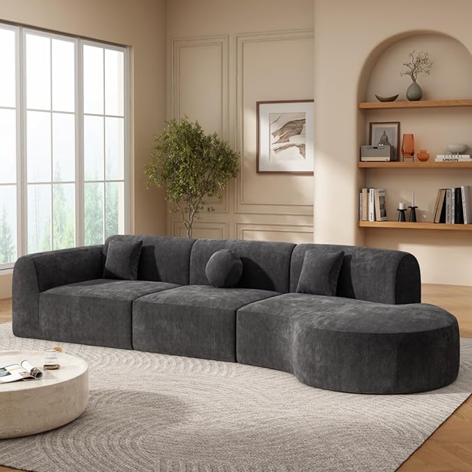 140 Modern Curved Sectional Sofa with High-Density Fully Compressed Sponge and Chaise Lounge 3-Piece Set Fully Assembled Right Hand Facing Perfect for Living Room Lounge (Dark Gray)
