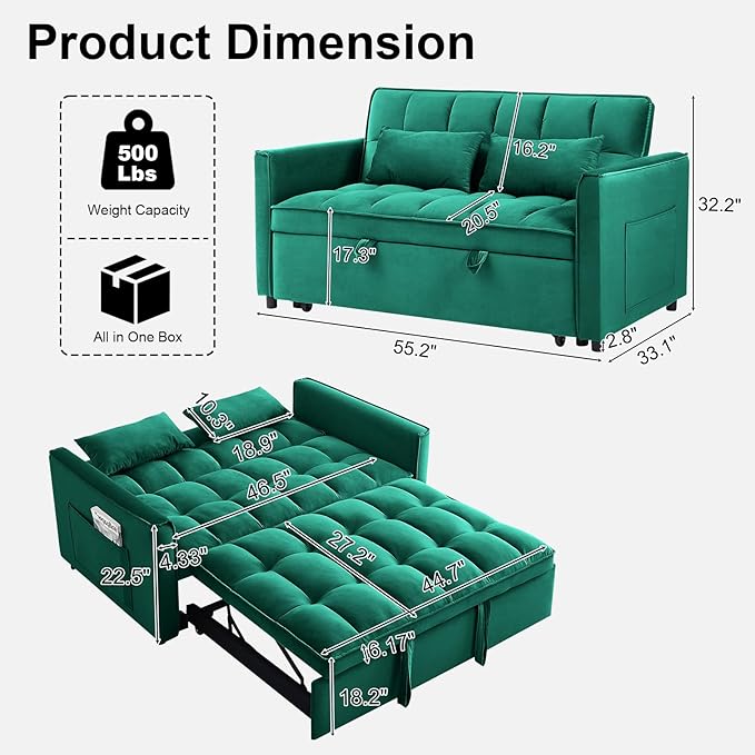 3 in 1 Convertible Sofa Bed Pull Out Couch with Adjustable Backrest Velvet Sleeper Sofa Loveseat with Pillows and Side Pockets for Living Room Bedroom Apartment Green