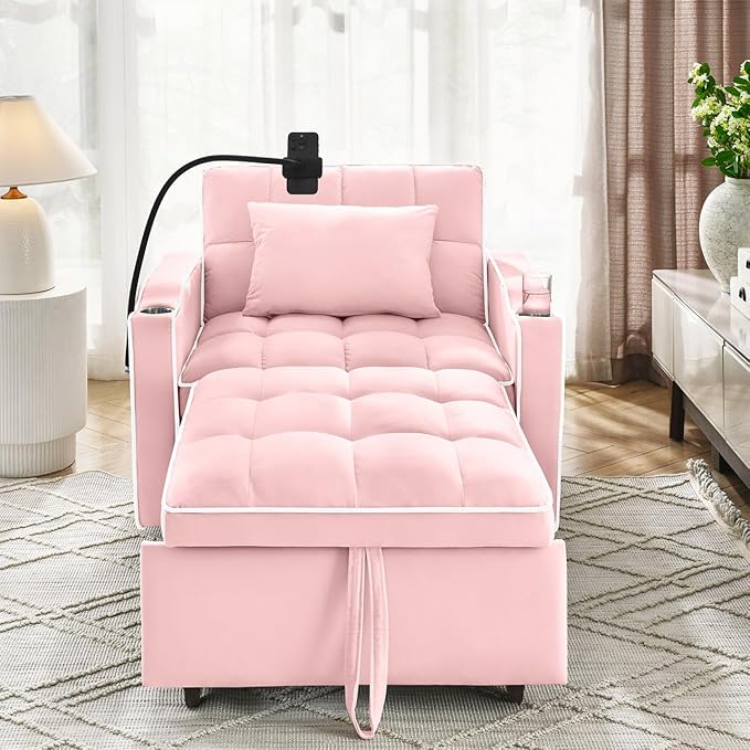 Convertible Chair Bed 3 in 1 Sofa Bed Chair with Adjustable Backrest &amp Cup Holder &amp Charging Station Small Space One Person Couch for Apartment Office Living Room Bedroom (Pink)