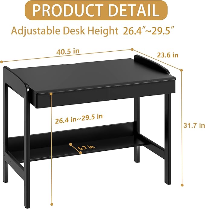 100% Solid Wood Desk with Drawers - 40 Inch Simple Modern Desks Writing Desk with Drawers &amp Shelf Work Study Table Adjustable Height Home Office Computer Desks - Black