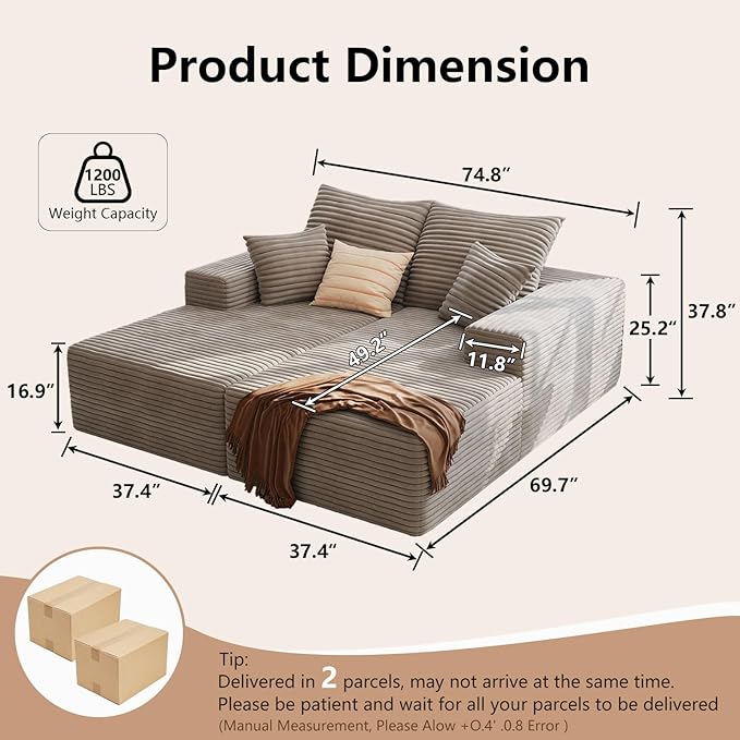 Oversized Double Chaise Lounges Indoor - 74.8 Upholstered Boneless Cloud Stupendous Oversized Chaise Lounge Couch Luxury Sofa Bed Deep Seat - Plush Corduroy Lounge Chair2 PiecesCamel