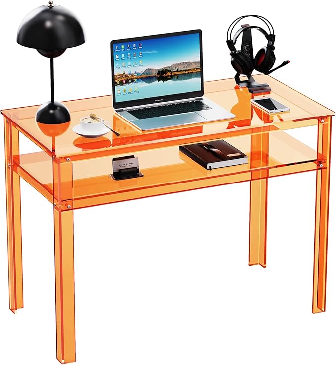 Clear Acrylic Desk with Open Storage Home Office Computer Writing Desk Office Study Table (Orange 39.4'' x 19.7'' x 29.5'')