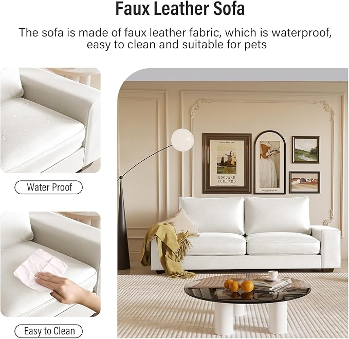 Faux Leather Couch Mid Century Modern Comfy Loveseat Sofa with Wide Arm Side Pockets Solid Wooden Frame for Office Living Room and Bedroom 3 Seater (White 88.58 inches)
