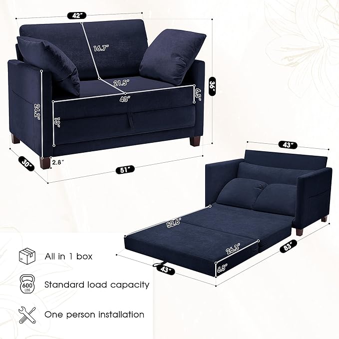 51 Convertible Sofa Bed 2 in1 Folding Sofa Bed Loveseat Sleeper Sofa for Small Spaces Fold Out Floor Couch with 2 Pillows for Apartment Living Room &amp Guest Room Deep Blue Chenille Fabric
