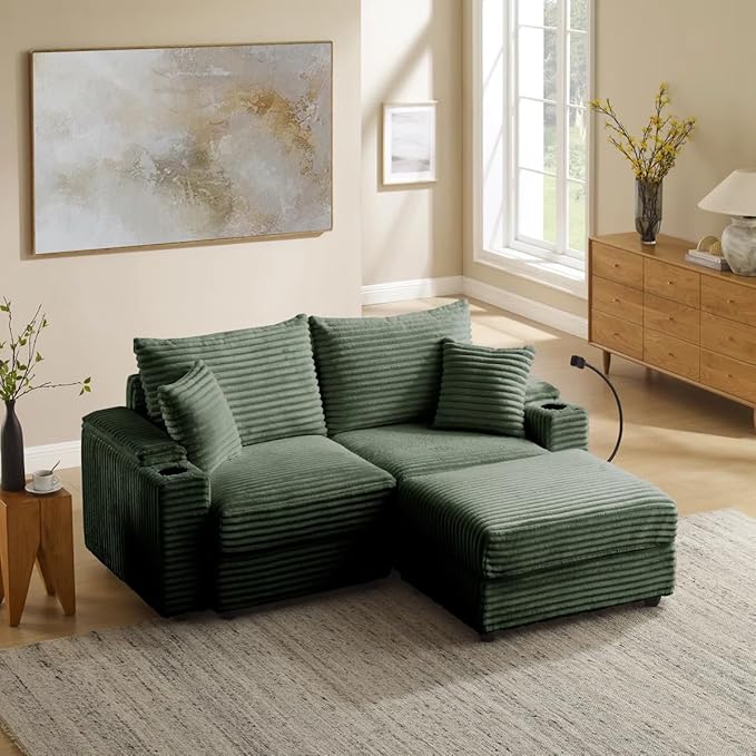 69.5 Modular Sectional Sofa L-Shaped Couches for Living Room Comfy Cloud Couch with Ottoman Convertible 3 Seats Deep Seat Sofas Green Corduroy Couch with Charger Cup Holders &amp Armrest Storag