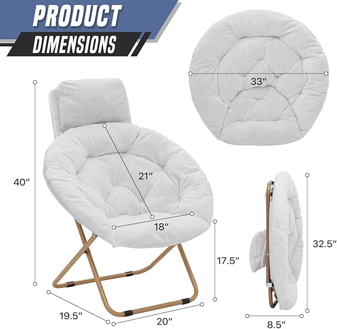 Round Comfy Saucer Chair with Headrest Large Cozy Metal Frame Cozy Lounge Lazy Chair Folding Faux Fur Saucer Chair for Adults Foldable Papasan Moon Chair