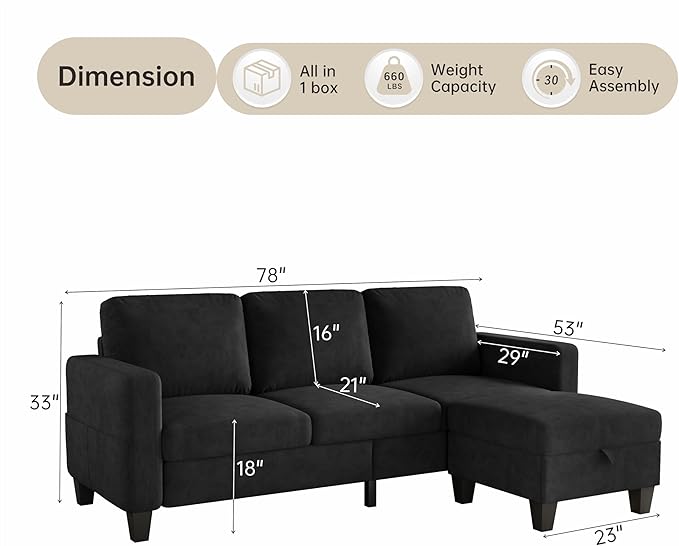 78 Sectional Sofa Couches for Living Room Black Convertible L Shaped Couch with Storage Ottoman Deep Seat Pet-Friendly Velvet Fabric Sofa Set for Small Space Apartment Dorm