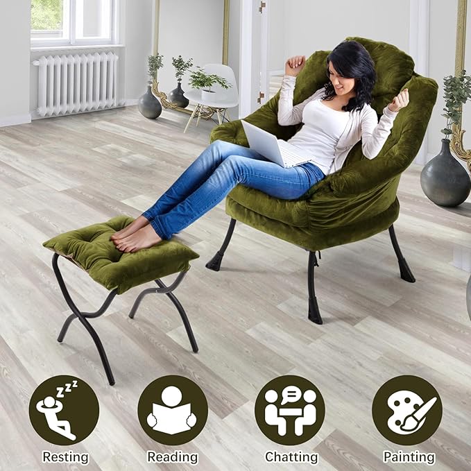 Lazy Chair with Folding OttomanLeisure Sofa ChairSoft Fabric Armchair with Armrests and Side Pockets Reading Chair with Footrest for Living Room Bedroom Office (Plush Green)