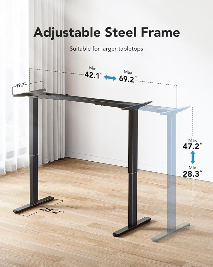 HUANUO Electric Standing Desks Frame with 265 lbs Dual MotorThick T-Shaped Desk Legs Made of Automotive Grade Steelfor Max 90″x31.5″ Desktop Height Adjustable Desk Frame for Home Office Frame Only