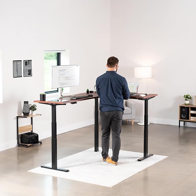 VIVO Electric 78 x 55 inch Square Corner Memory L Shaped Stand Up Desk Dark Walnut Table Top Black Frame Corner Height Adjustable Workstation 3E-S Series DESK-KIT-3E5SBD