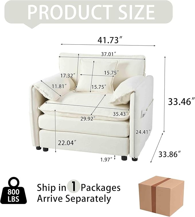 Modular Oversized Sofa Chair - 41.73 Chenille Upholstered Armchair w/Removable Pillow &amp Storage Pockets Heavy Duty 800lbs Capacity DIY Sectional for Living Room &amp Apartment (Beige)