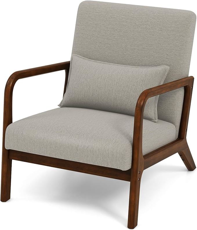 KOMFOTT Mid-Century Modern Accent Chair Set of 2 Living Room Leisure Chair with Cushioned Seat &amp Back Upholstered Armchair with Rubber Wood Frame &amp Lumbar Pillow Lounge Chair for Bedroom G