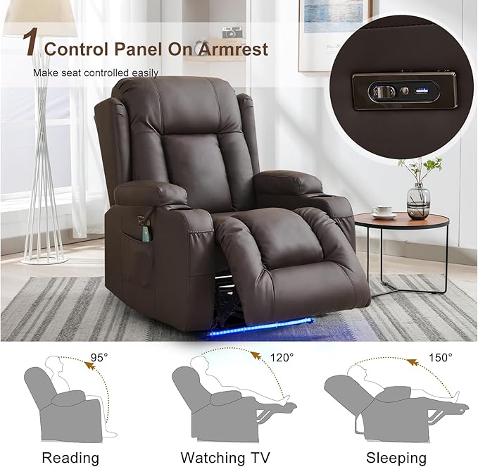 Power Recliner Chair PU Leather Home Theater Seating Chair for Adults with Massage &amp Heat Comfy Single Reclining Sofa Chair for Living Room with USB Port/Led Light/Cup Holder (Brown)