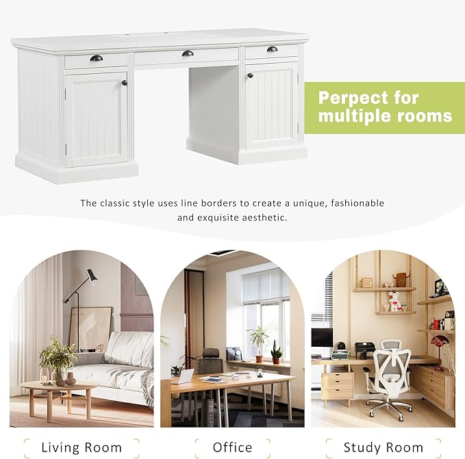 67 Modern White Executive Desk Computer Desk with 2 Wooden Doors Storage Cabinet &amp 3 Drawers Rectangle Home Office Desk with USB Ports Writing Table &amp Workstation for Study (White)