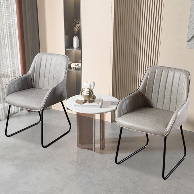 Vanity Art Mid Century Modern Accent Chair with Arms Upholstered Synthetic Faux Leather Chair for Living Room Bedroom Reading Area Comfy Dining Chairs Set of 2 (Grey) UC-15G