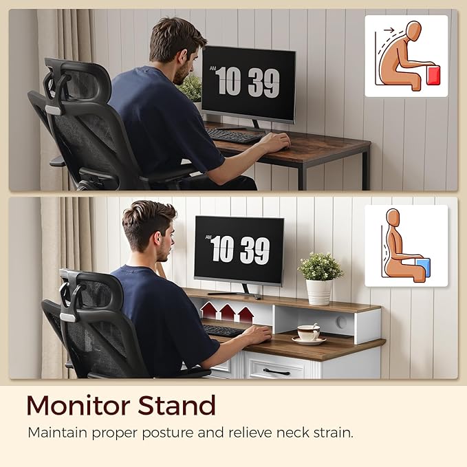58 Executive Desk Farmhouse Computer Desk with Drawers Wooden Office Desk with File Cabinet Charging Station Monitor Stand for Work and Study White and Walnut CDBZ10E01