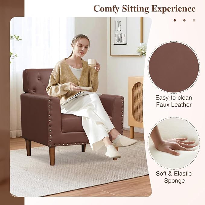 KOMFOTT Mid Century Modern Accent Chair Faux Leather Upholstered Armchair with Button Tufted Decoration &amp Rivets Rubber Wood Legs Soft Padded Seat Cushion Single Sofa for Living Room Home