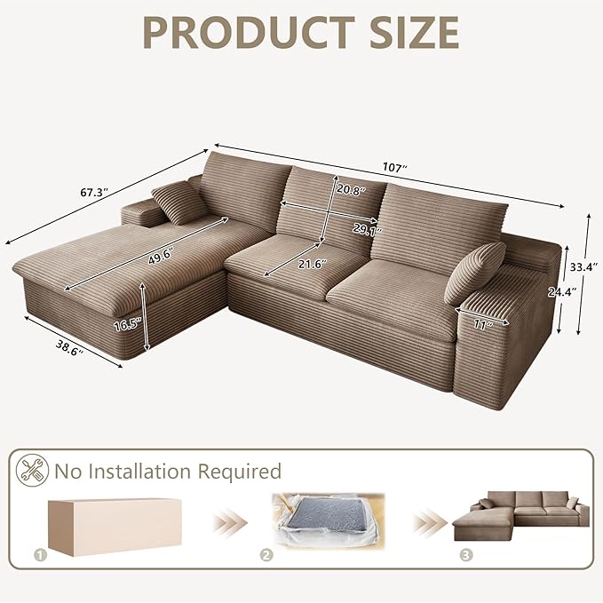 107 Cloud Couch Modular Sectional Couchs with Chaise Lounge L-Shape Boneless Couches for Living Room Corduroy Sofa with Deep Seat No Assembly Required (Camel Left Facing Chaise)