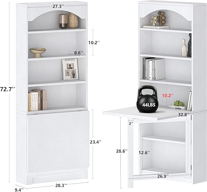 Folding Desk with Storage Space-Saving Foldable Convertible Writing Table Wall Mount Fold Out Computer Desk for Home Office Craft Room Living Room Bedroom White