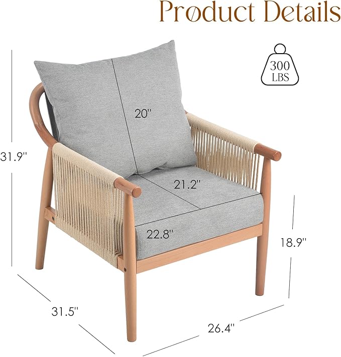 Soohow Mid-Century Modern Braid Armchair Wooden Accent Chair for Living Room &amp Bedroom Reading Spaces