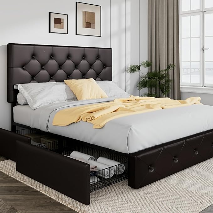 Allewie Upholstered Queen Size Platform Bed Frame with 4 Storage Drawers and Headboard Diamond Stitched Button Tufted Mattress Foundation with Wooden Slats Support No Box Spring Needed Black Brown
