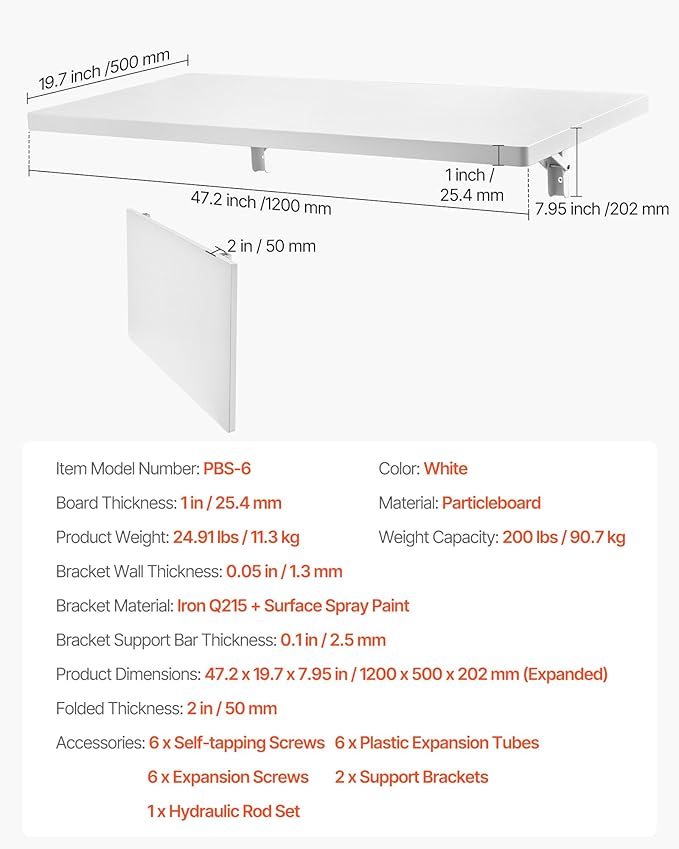 VEVOR Wall Mounted Folding Table 47.2 x 19.7 inches Wall Mount Table Floating Desk with Iron Bracket Fold Down Desk for Small Spaces Home Office Dining Laundry Room Kitchen Bar White