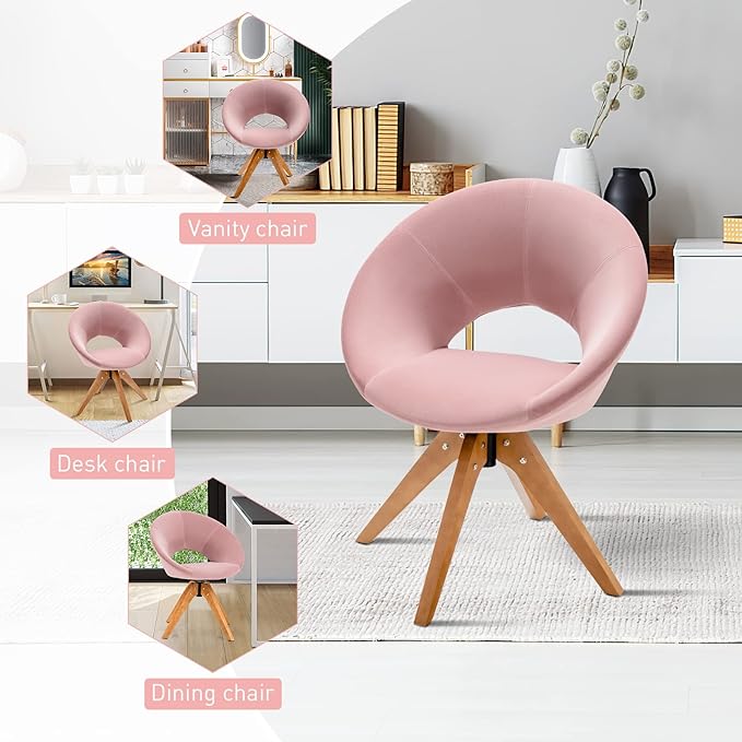 Giantex Swivel Accent Chair Modern Office Chair with Wood Legs Oversized Upholstered Seat Round Tufted Back Velvet Vanity Chair for Living Room Bedroom Pink