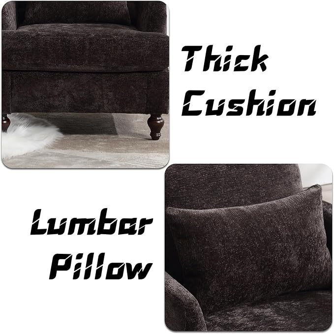 Oversized Accent Chair with Lumbar Pillow Upholstered Side Chairs for Living Room Bedroom Comfy Reading Chairs for Adults with Wide Seat Thick Cushion Soft Chenille (Black)