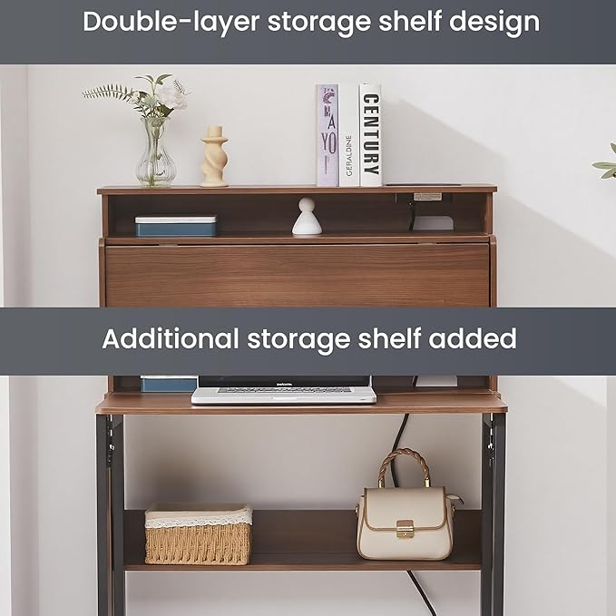 Fold Out Desk with Power Outlets Small Foldable Table with Storage ShelfSpace-Saving Hidden Desk for Bedroom Living Room &amp Office (Walnut)