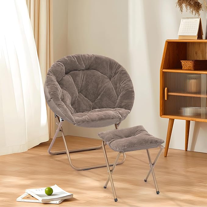 Cozy Saucer Chair Living Room Chair Faux Fur Soft Thick Padded Folding Chair Comfortable Moon Chair for Living Room Bedroom Reading Nook Modern Style Light Brown