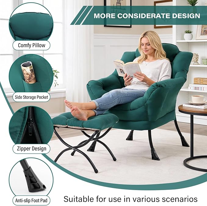 Lazy Chair with Folding Ottoman Modern Accent Armchair with Armrests and a Side Pocket &amp Foldable Footstool Reading Chair for Living Room Bedroom Dorm &amp Office Dark Green