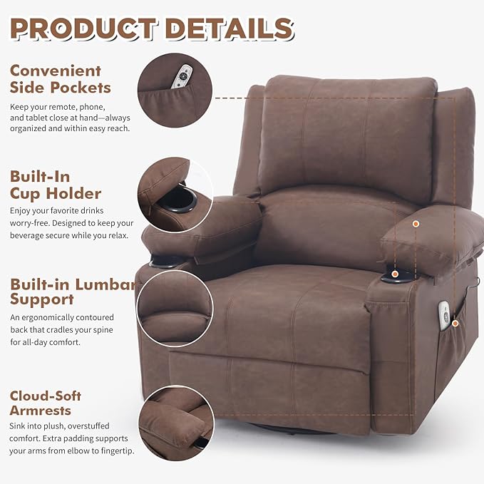 Faux Leather Swivel Rocker Recliner with Heat and Massage Cup Holders Overstuffed Rocking Glider Chair Heated Massaging Reclining Chair Earthy Brown
