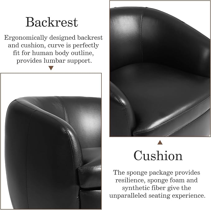 Swivel Barrel Accent Chair Comfy Modern Upholstered Round Faux Leather Reading Arm Chair for Living Room Bedroom (Black Set of 2)