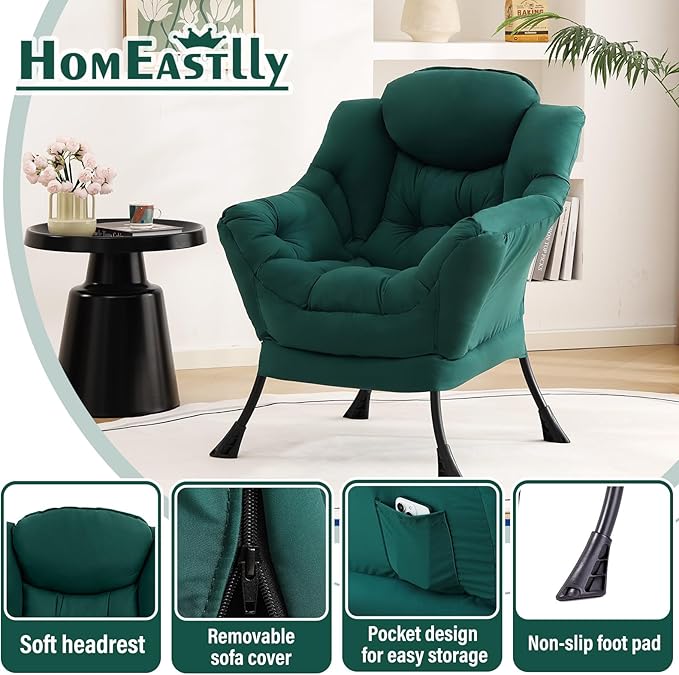Lazy Chair Large Accent Chair Modern Comfy Armchair Dark Green Chair for Living Room Bedroom Dorm Room Office Apartment Reading Relaxing Use