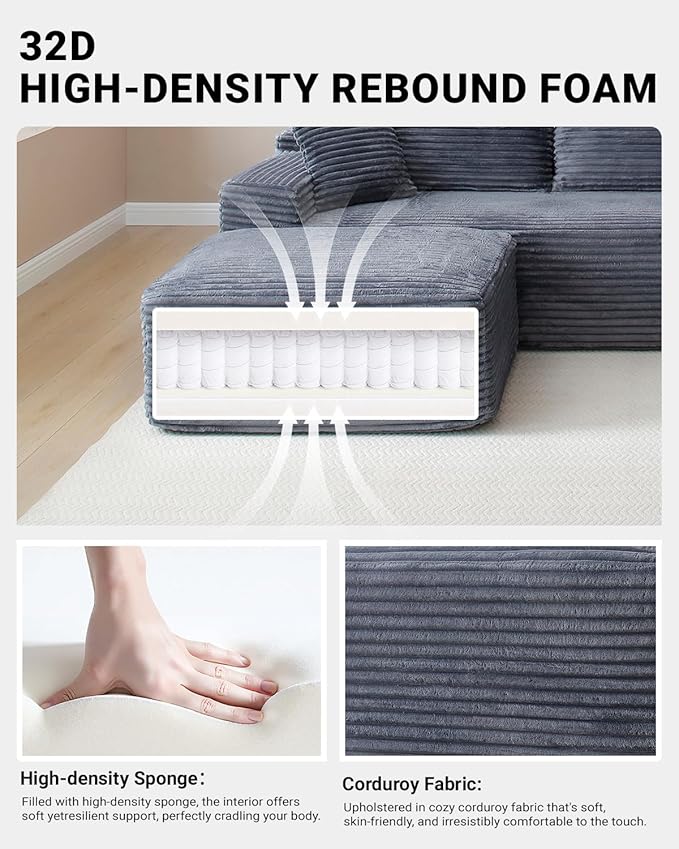 150 Oversized Modular Sectional Sofa Deep Seat Cloud L-Shape Corduroy Couch with Cup Holders USB Ports Wireless Charging &amp Storage Box Upholstered Modular Sleeper Sofa for Living Room (Grey)