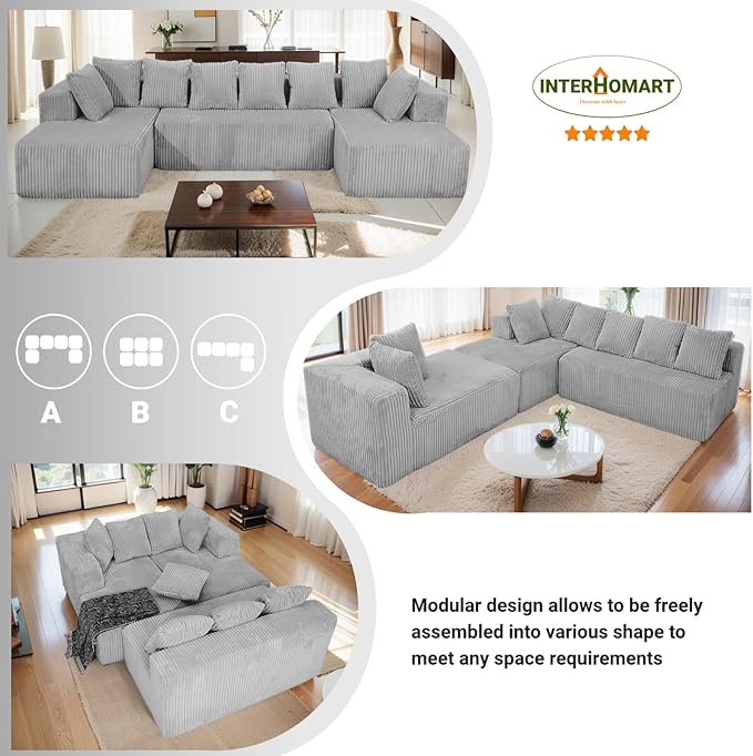 130 Modular Sofa Couch Convertible Sleeper Sofa Corduroy Sectional Sofa for Living Room Modern Cloud Couch with Deep Seat Chaise Comfy Oversize 4-6 Seat No Assembly (Gray)