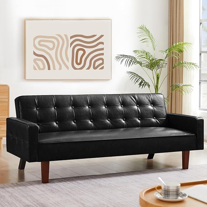 Faux Leather Couch Mid Century Modern Sofa with Memory Foam Comfy 3 Seater Couch for Small Spaces Living Room Office Black