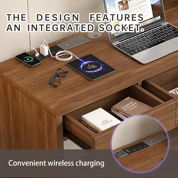 Executive Desk with Drawers Computer Desk with Drawers with Pre-Embedded Slots 47 inch Modern Walnut Home Office Desk with Charging Station for Study Living Room Bedroom