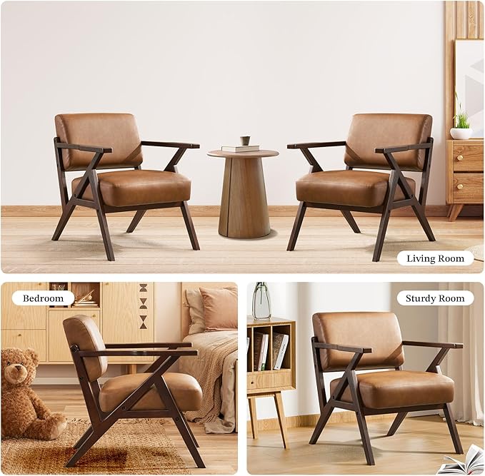 Mid Century Modern Chair Brown Leather Accent Chair Upholstered Armchair with Solid Wood Frame Comfy Reading Nook Chair Lounge Chairs for Living Room Bedroom