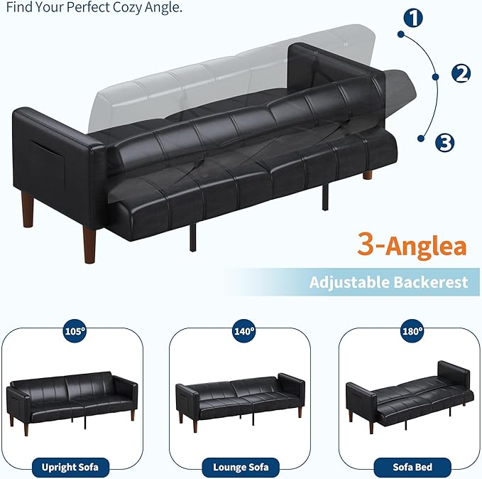 GarveeHome Futon Sofa Bed 75-Inch Modern Faux Leather Convertible Couch Mid-Century Loveseat for Small Space Living Room Bedroom Black