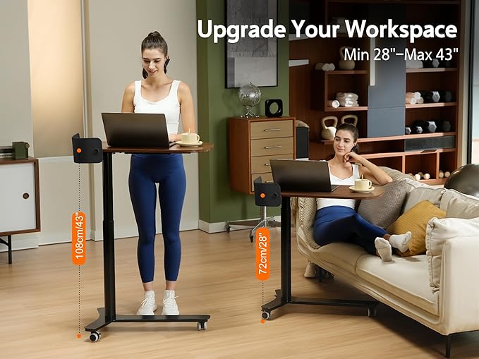 KINGSMITH Height Adjustable Mobile Standing Desk with 360° Swivel Casters 28-43 Pneumatic Rolling Desk with Storage Drawer Perfect for Home Office Bedroom Living Room Dark Walnut